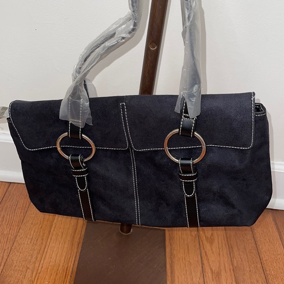 New Black Faux Leather & Suede Handbag With Coin Purse - Picture 2 of 16